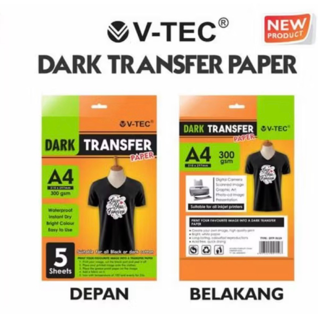 

V-Tec Dark Transfer Paper 300 gsm DTP-9119 / Kertas Tranfer Paper A4 5 Sheet