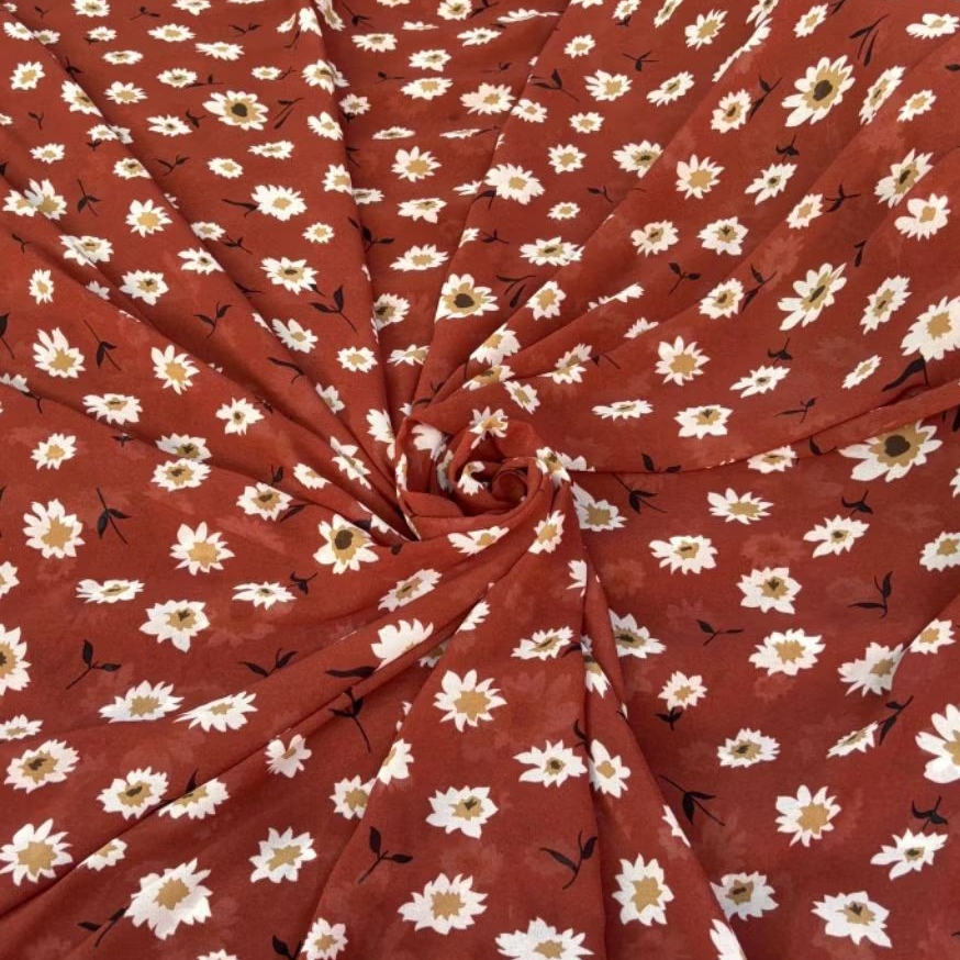 Kain Zara Crepe Motif Bunga Daisy – Merah Maroon Elegan & Lembut, (Harga Kain Per½ Meter)