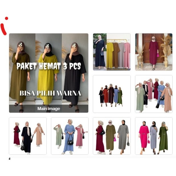 Paket Usaha 3pcs gamis daster 3/4 crinkle polos wanita