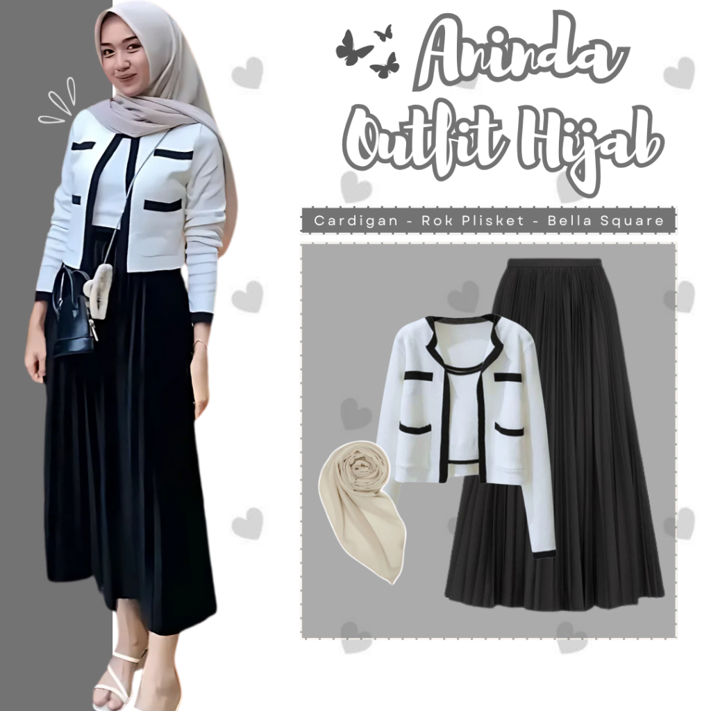 Aninda Outfit Set Wanita Hijab Kekinian ( Cardigan + Plisket + Square ) Setelan Oneset Ootd Remaja