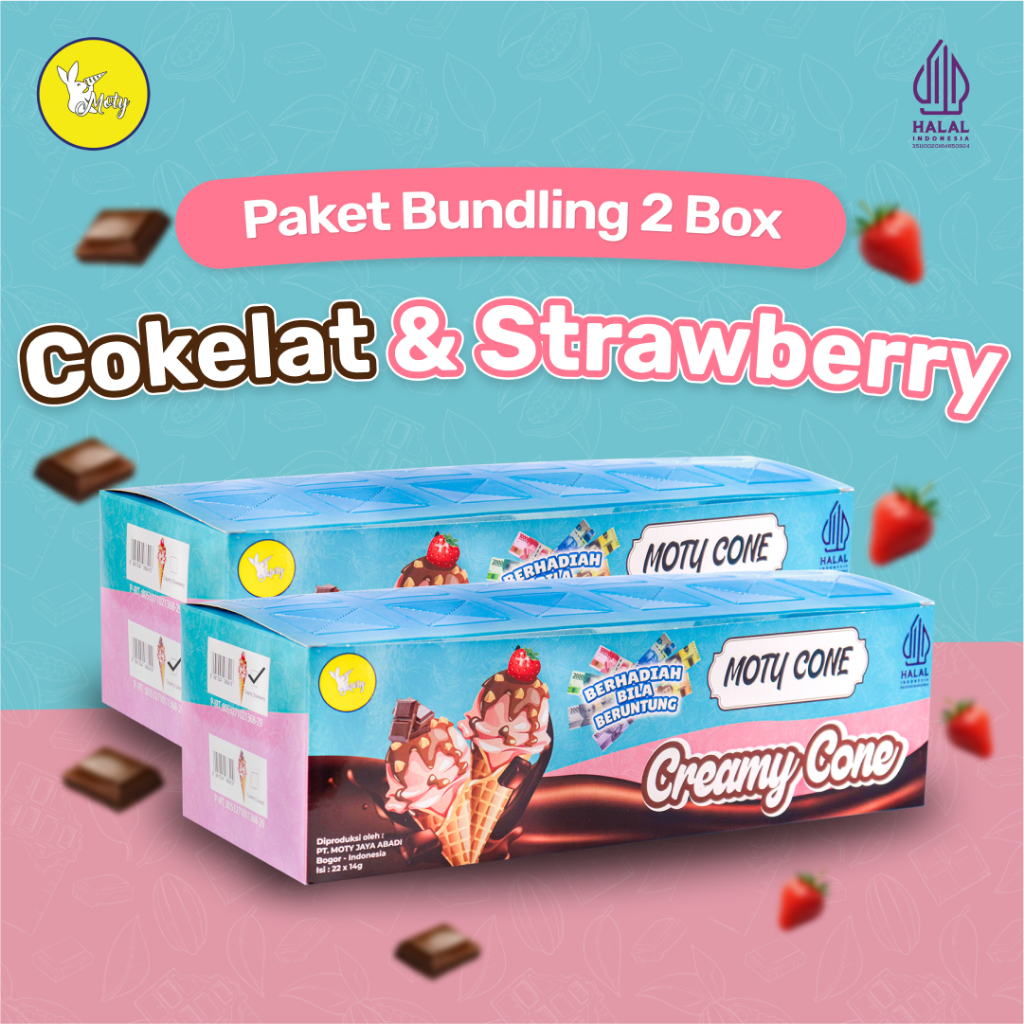 

Paket Snack Moty Cone 2 Rasa – Cokelat & Strawberry Creamy Isi 44 pcs | Wafer Cone Halal