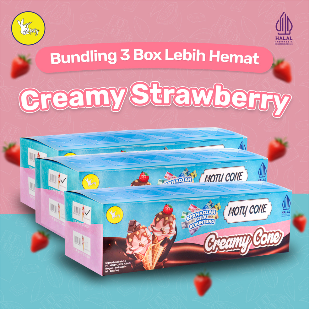 

Paket Hemat Moty Cone Strawberry 3 Box – Isi 66 pcs | Snack Creamy Cone