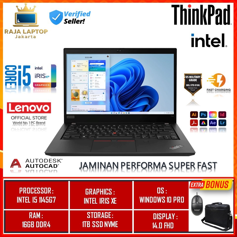 Laptop Lenovo Thinkpad T14 Intel I5 1145G7 Ram 16GB 1TB SSD FHD Win10pro Terlaris