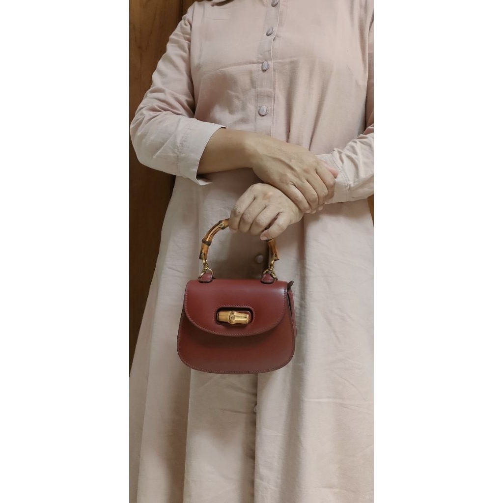 [vintage] Preloved tas selempang bahu, bahan kulit, GU *C0NG Bamboo Mindy's Burgundy