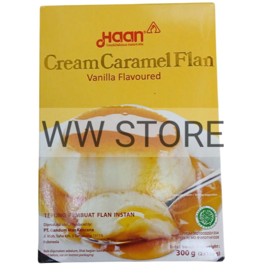 

Tepung pembuat flan instan halal MUI Haan Easy & Delicious Instant - Mix Vanilla Flavoured Cream Caramel Flan 300g ( 2x150g )