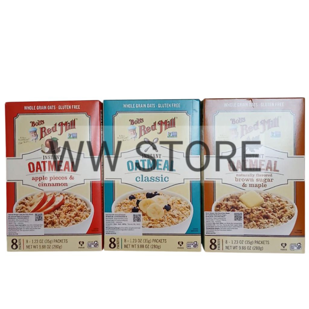 

Sereal oat utuh dengan gula merah rasa mapel apel kayu manis bebas gluten free Bob's Red Mill INSTANT OATMEAL Classic / Apple Pieces & Cinnamon / Naturally Flavored Brown Sugar & Maple 280g ( 8x35g )