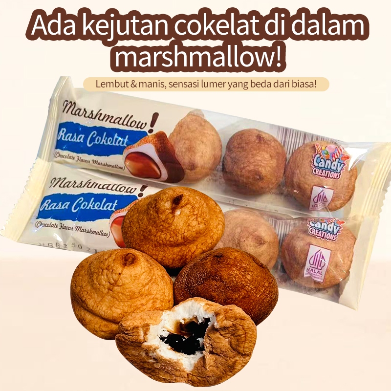 

Marshmallow isi cokelat, Halal & BPOM, tekstur luar lembut, isian cokelat lumer dan kaya rasa.
