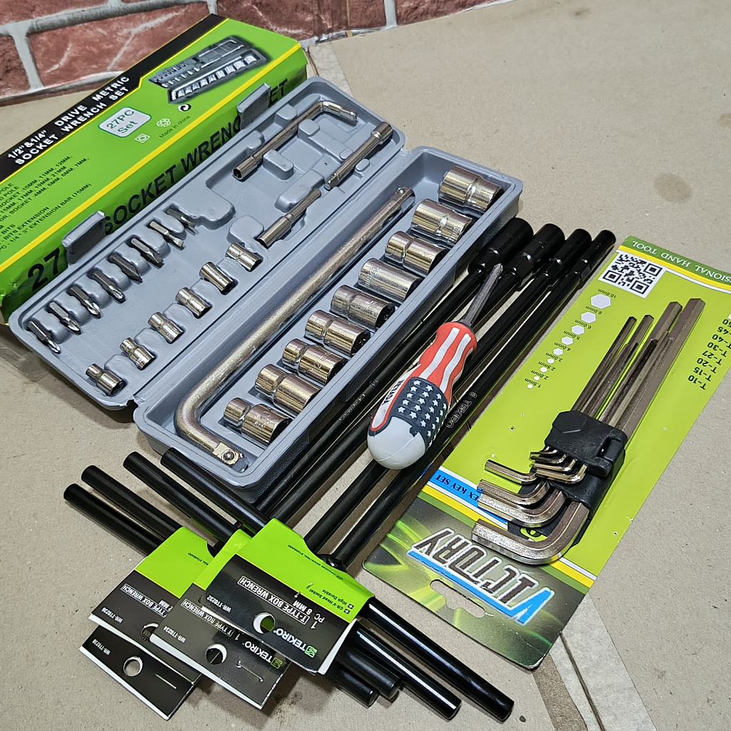 TEKIRO Paket Lengkap Kunci Sok T 8-10-12-14mm / Kunci Sok Shock 27pcs Victory / Kunci L Set 9pcs pan