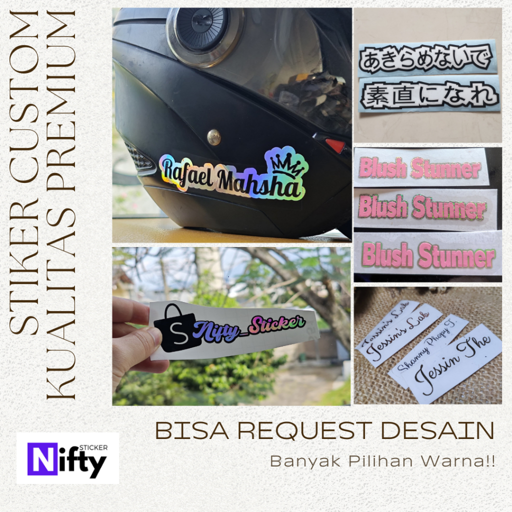 

Stiker Nama Custom Cutting - Bahan oracal warna Solid Hologram Tahan Air untuk Motor Mobil Handphone HP Helm