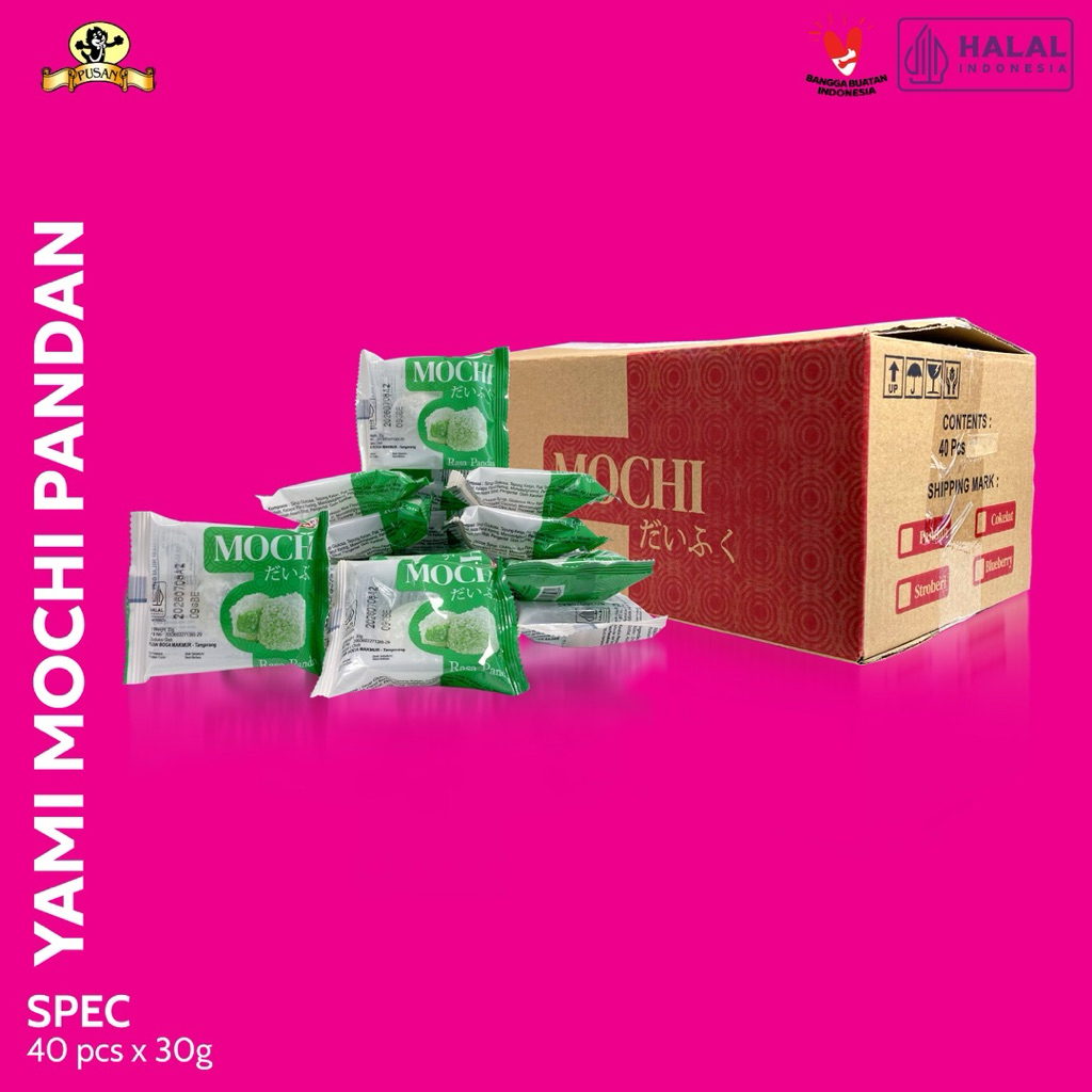 

(NEW) PUSAN YAMI MOCHI PANDAN / BLUBERI / STROBERI / COKELAT 1 DUS ISI 40pcs