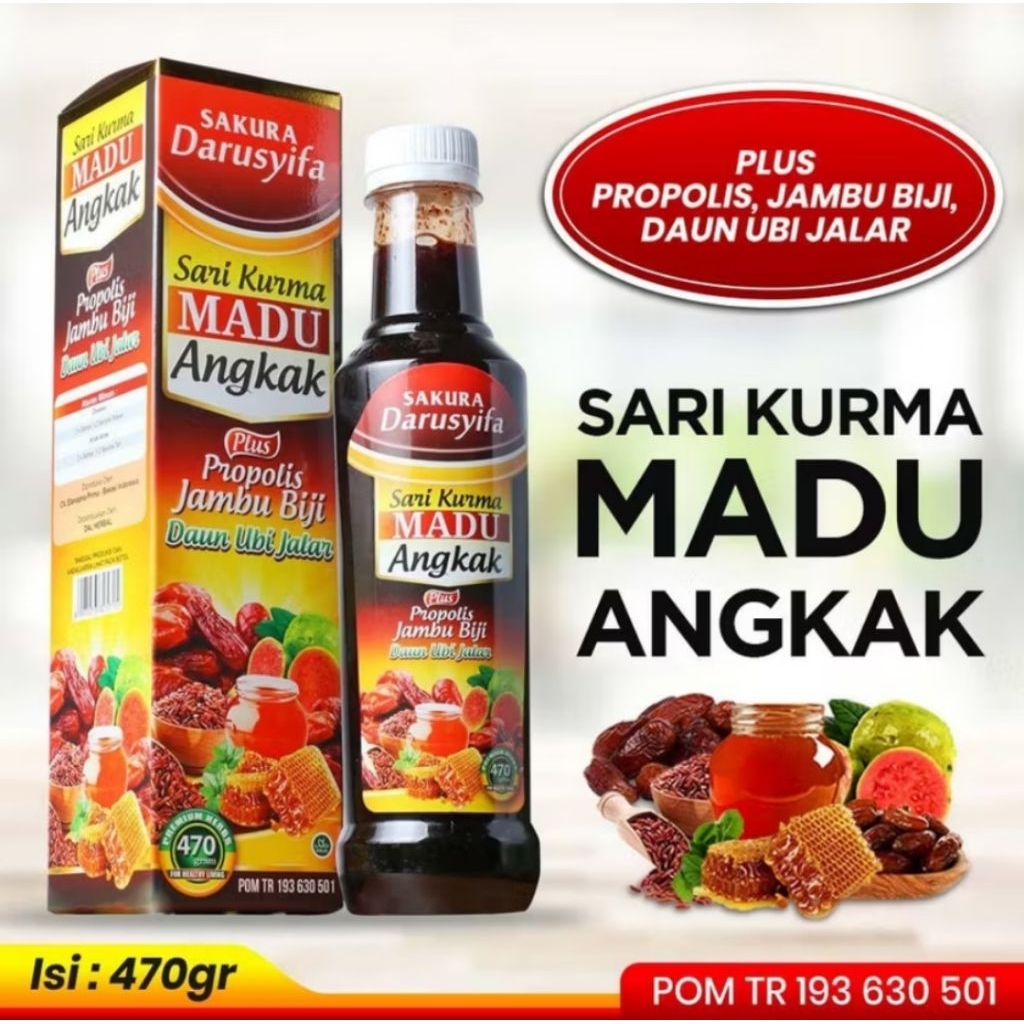 

SARI KURMA MADU ANGKAK PLUS PROPOLIS,JAMBU BIJI & DAUN UBI JALAR 470 gr