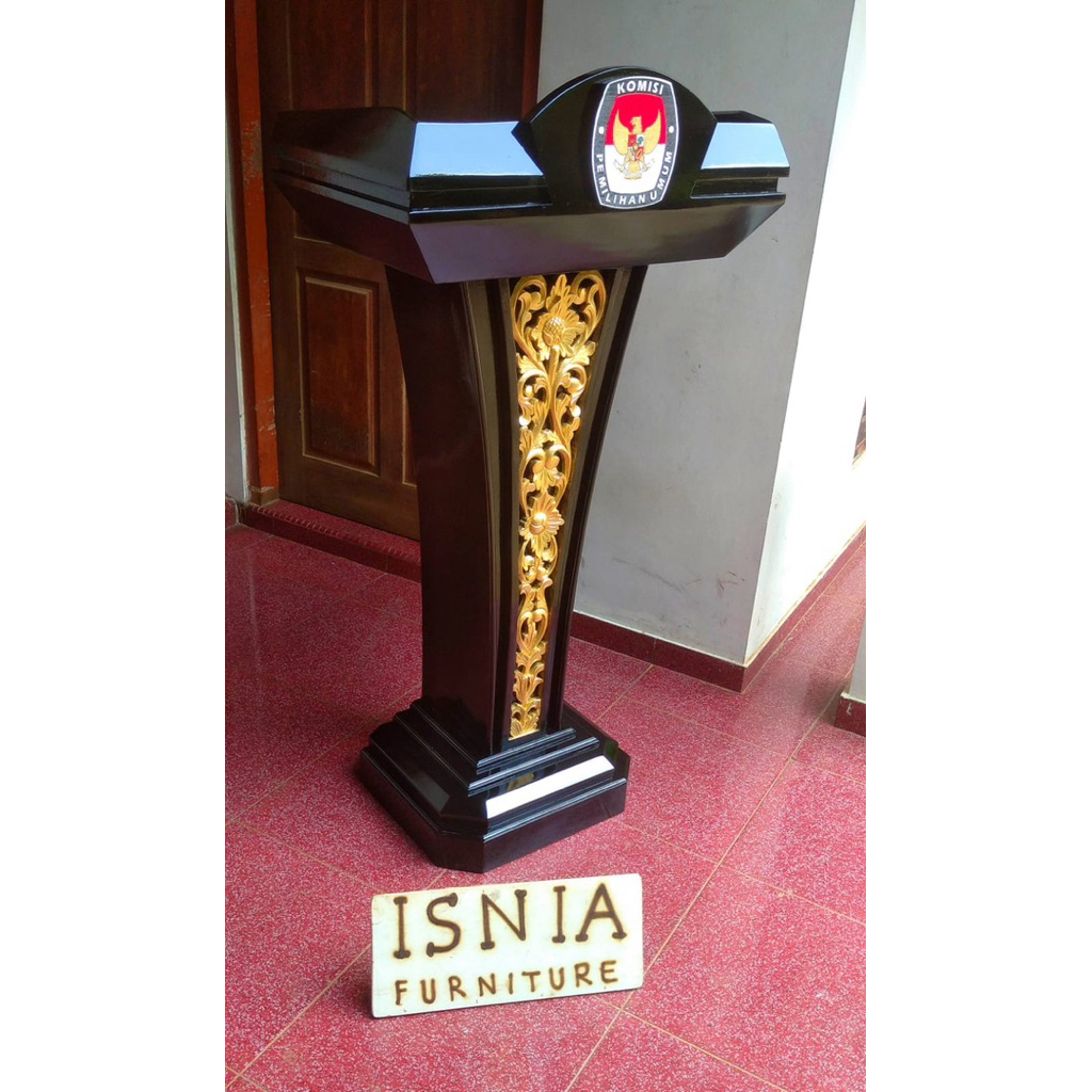 mimbar pemilu, mimbar kayu jati, mimbar minimalis kayu jati, podium minimalis kayu jati, podium cera