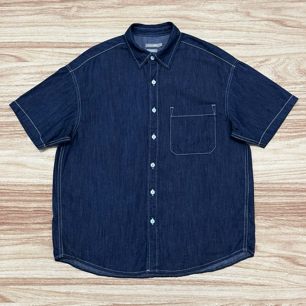 [like new] Kemeja Denim SPAO Oversize Lengan Pendek Dark Navy (XL)