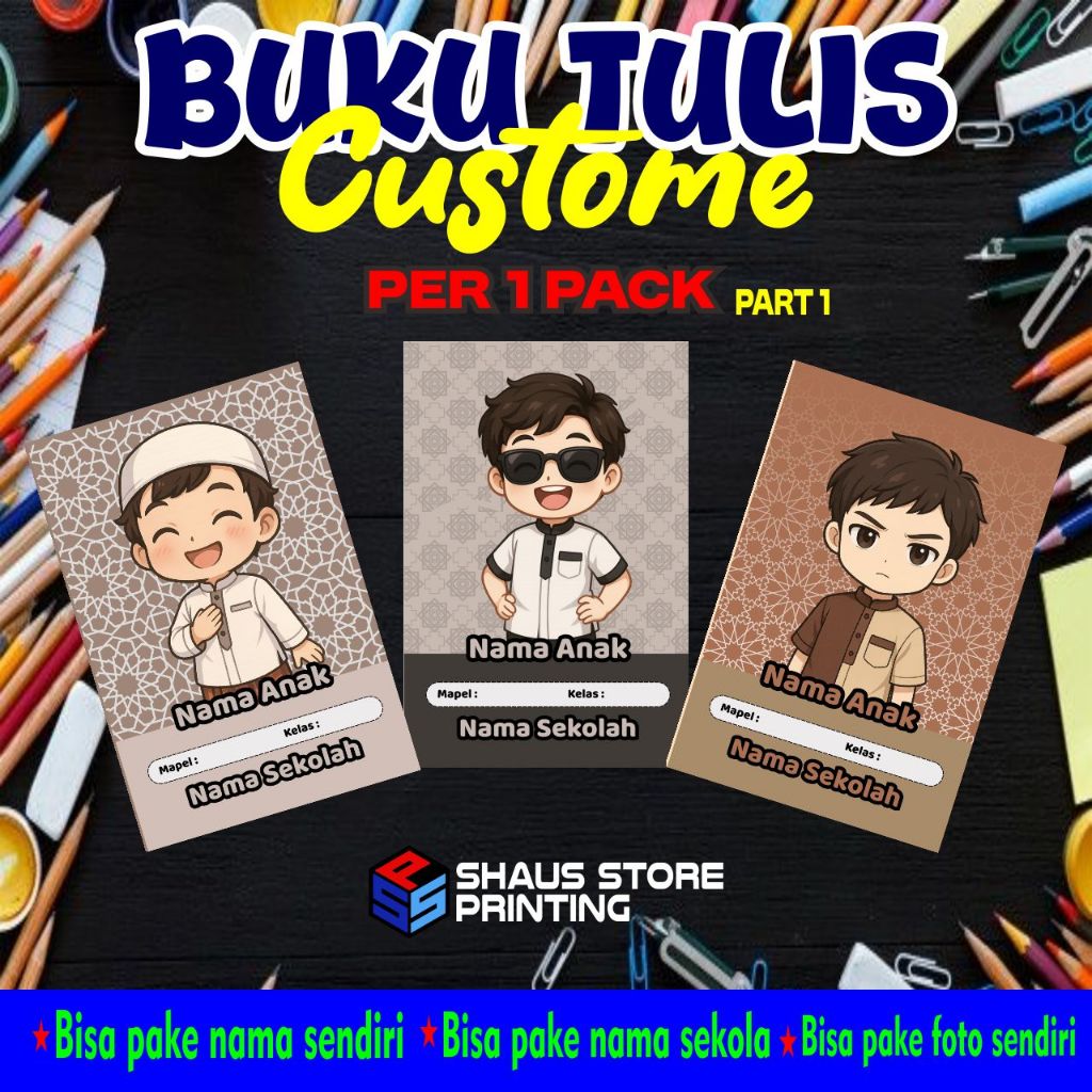 

USTOME Buku Tulis Kekinian 1 pack PART 1– Bisa Request Desain dan tambah nama anak anti ketuker perisapan masuk SD,SMP,SMA