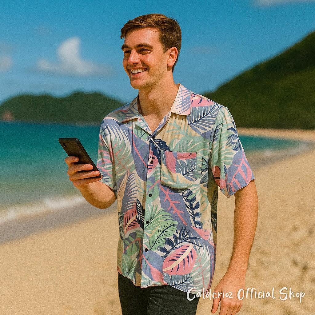 Calderioz - Kemeja Hawaii Motif Daun Tropis Warna Pastel Cerah Kekinian Lengan Pendek