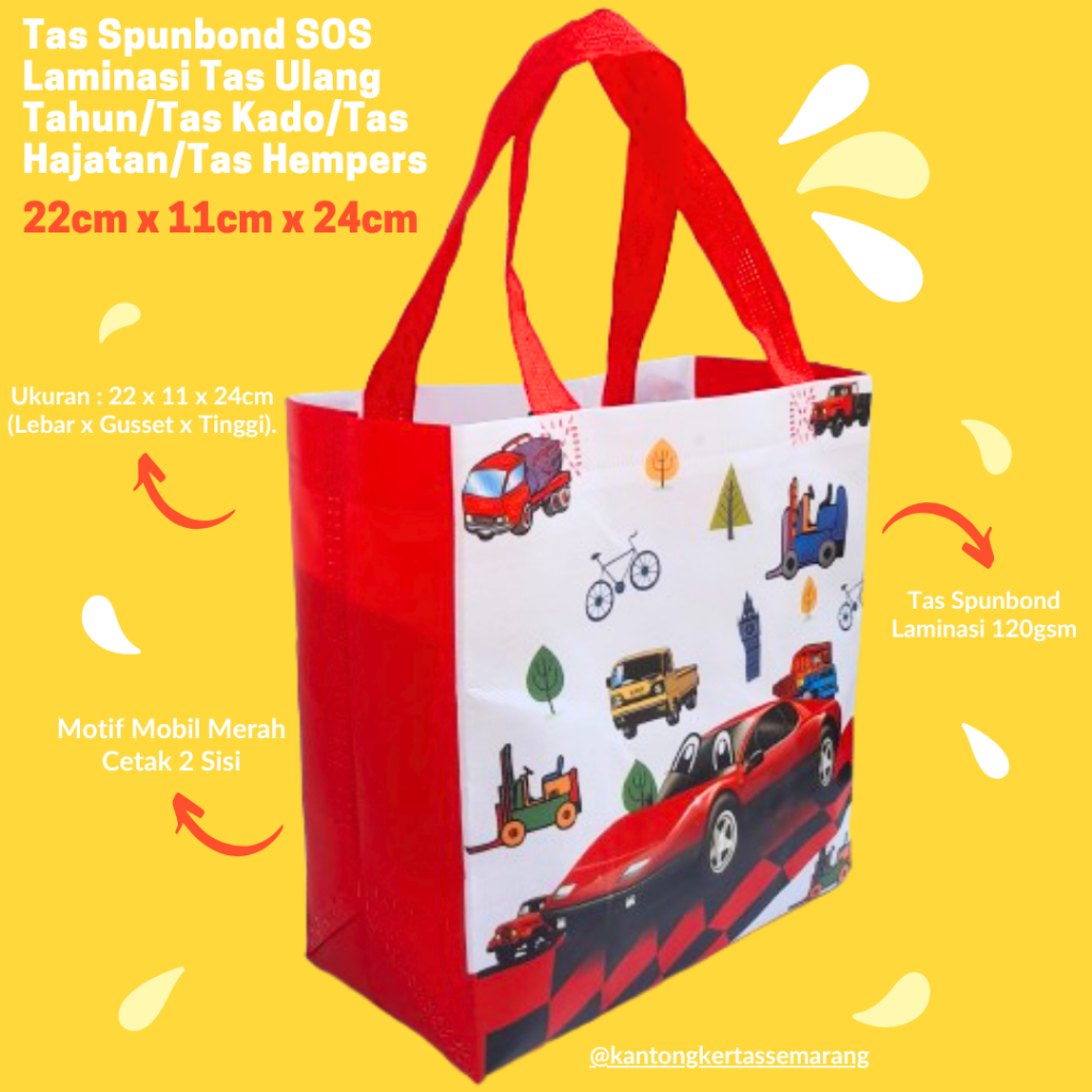 

Tas Spunbond Laminasi 22x11x24 Motif Mobil Merah tas ulang tahun/tas kado/tas hajatan/tas hempers