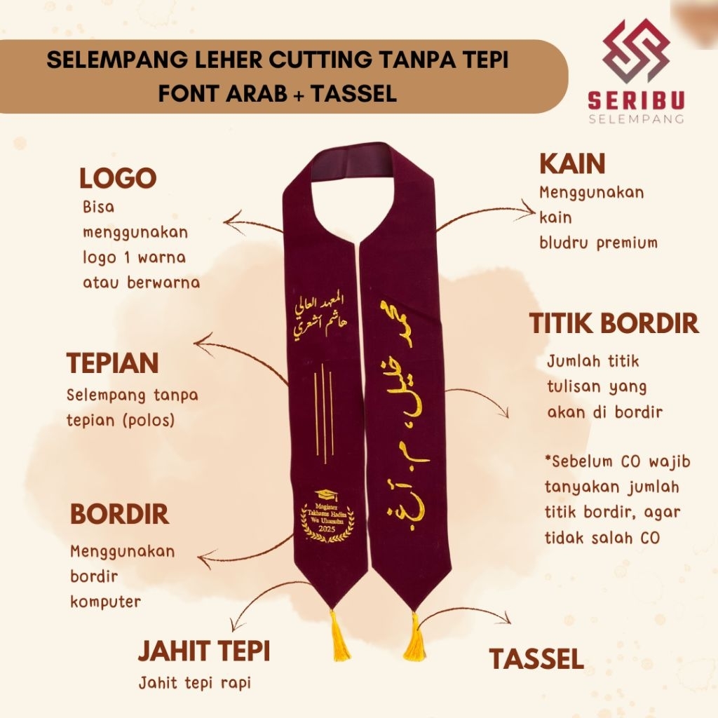 [ KILAT 1 HARI JADI ] Selempang Wisuda Leher / Selempang Wisuda Kalung Cutting Font Arab + Tassel