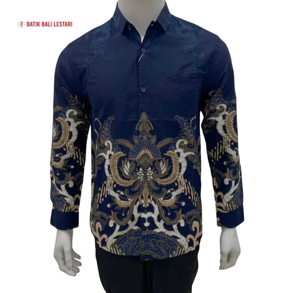 Batik Bali Lestari Kemeja Pria Katun Lengan Panjang Slimfit Biru Dongker (MU22)