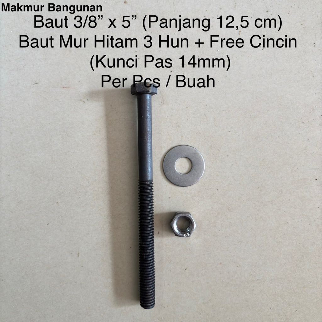 Baut Mur Hitam 3/8” x 5” Inch (Panjang 12,5 cm) + Free Cincin | Baut Mur 3 Hun 12,5cm Per Pcs | Kunc