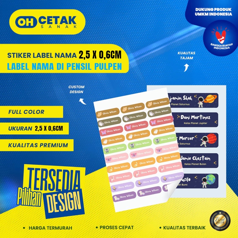 

Stiker Label Nama Anak | Sticker Tanda Untuk Pulpen / Pensil Uk 2,6 x 0,6 cm (90 pcs) – Waterproof, Lucu & Isi ± 125 pcs - Oh Cetak Sanak