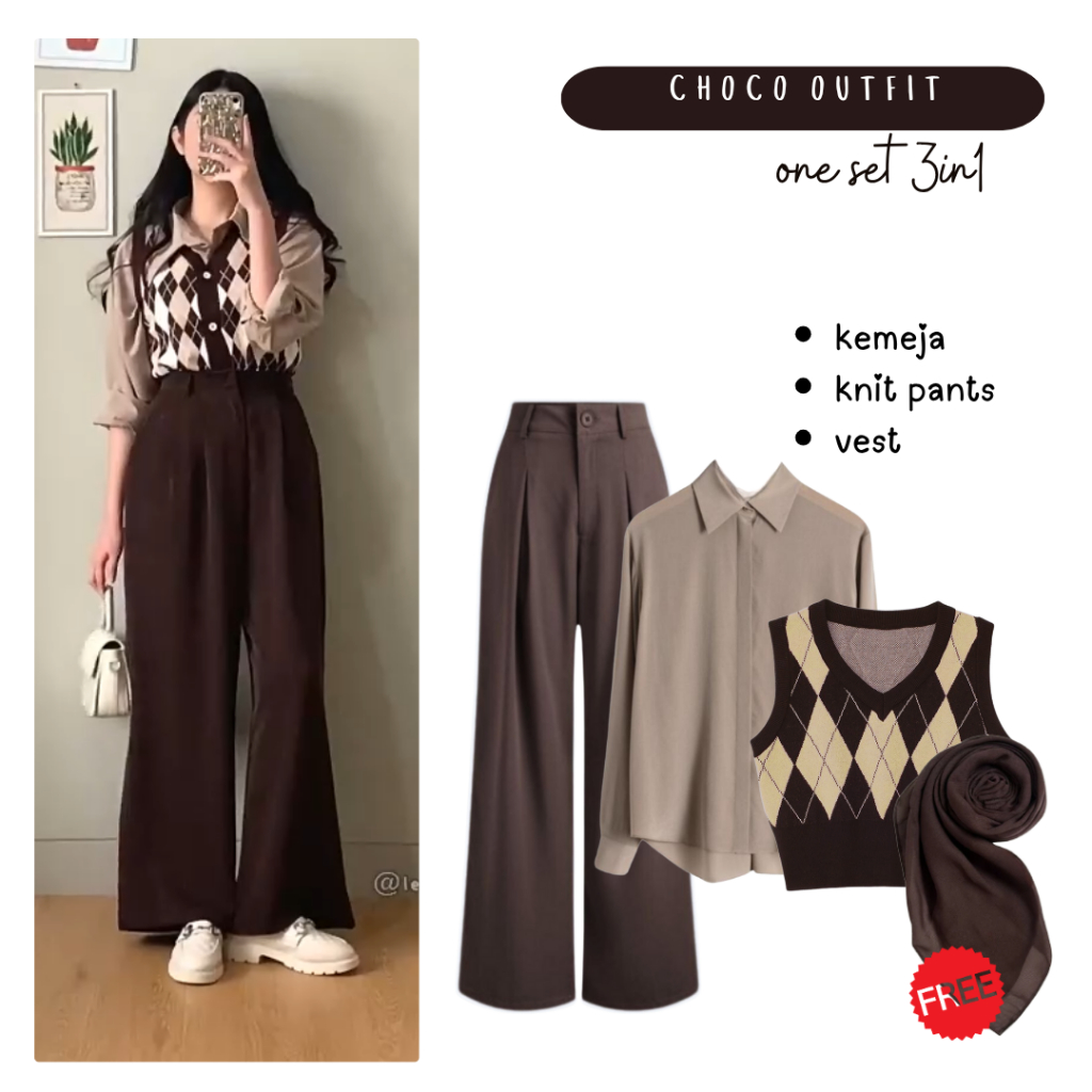 One Set Outfit Yearbook Dark Academia | Kemeja Coklat, Vest Diamond, Loose Pants Coklat Tua - FC08