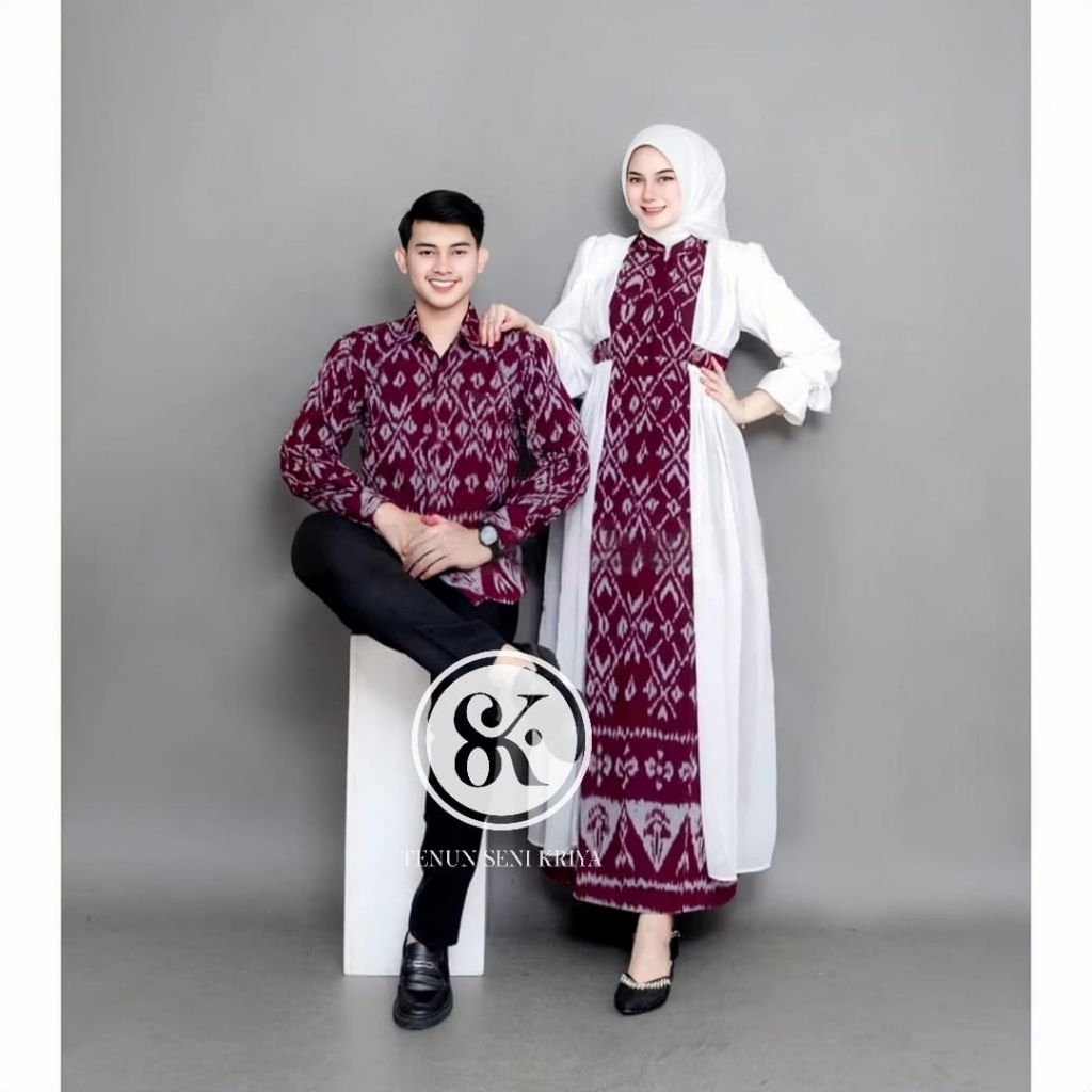 TENUN R.R - BAJU COUPLE GAMIS SAFITRI SET COUPLE KEMEJA TENUN MERAH MAROON PUTIH