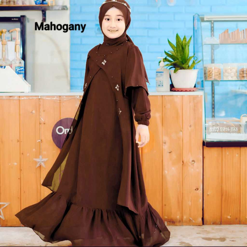 Smartbye Satu Set Zhena Dress Anak Warna Mahoganny Kerudung Dan Gamis Ceruty Babydoll Payet Mutiara