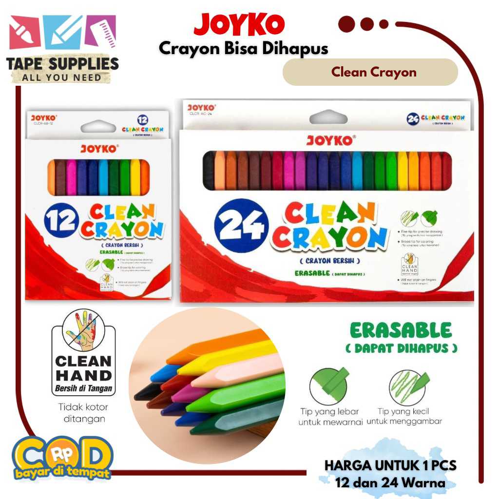 

Crayon JOYKO Dapat Dihapus Pakai Sampai Habis / CLEAN CRAYON ERASABLE 12 dan 24 WARNA