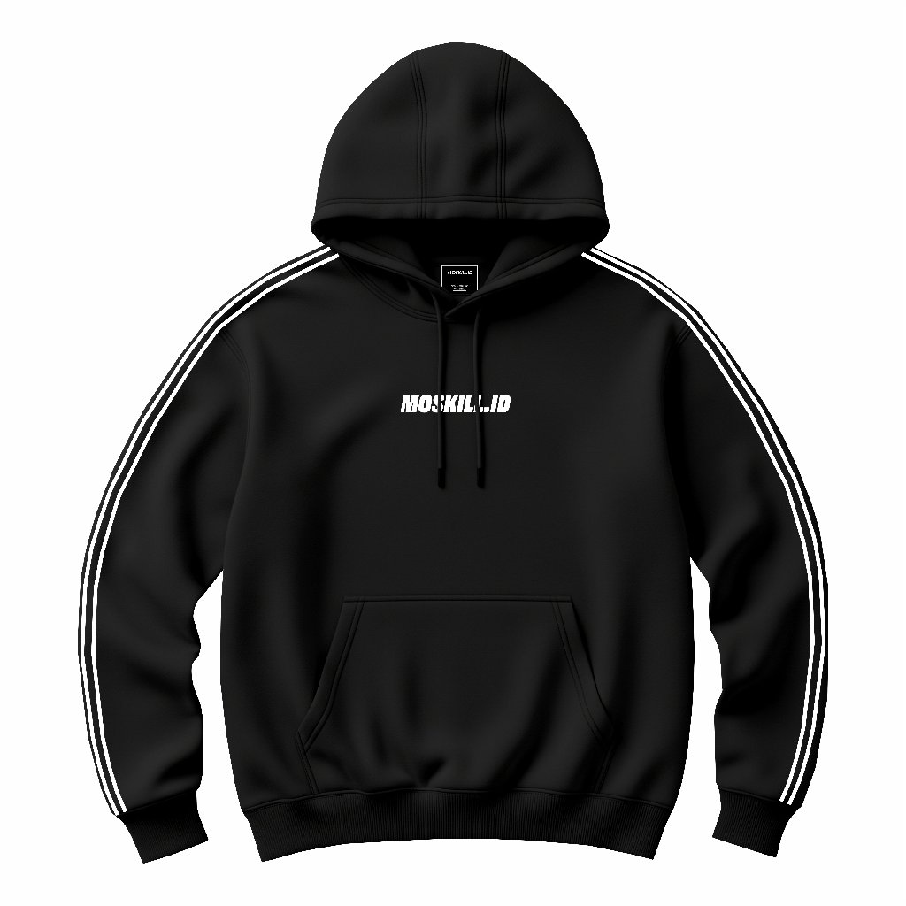 Moskill Hoodie Fleece  Hitam Garis Putih Stripe Bahan Tebal