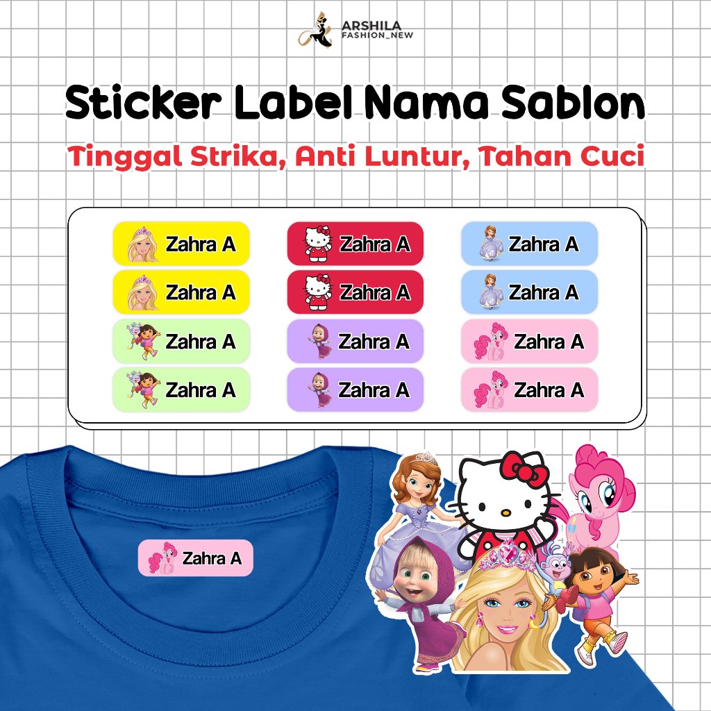 

STIKER NAMA CUSTOM SABLON DTF KARTUN ANAK PEREMPUAN STIKER LABEL NAMA SERBAGUNA SABLON SETRIKA AF