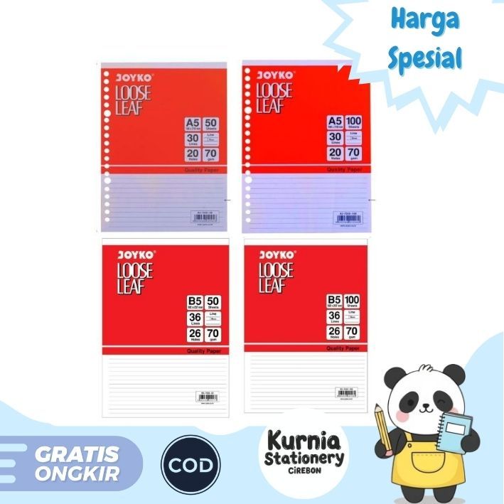 

Joyko Loose Leaf / Refill Binder / Kertas Isi Ulang Binder B5 50 , B5 100 , A5 50 , A5 100 1 Pack ( 50 Lembar )