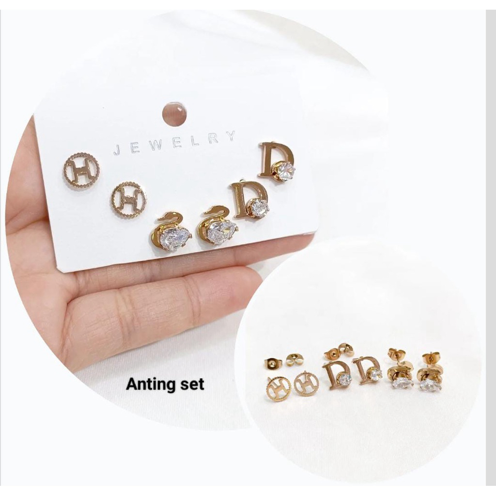 Anting stud Korea style Set 3 Pasang Huruf H D dan Angsa Kristal Fashion