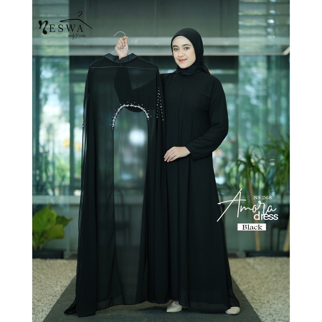 Gamis Abaya Hitam dan Putih Gamis Murah Ceruty Babydoll Premium Amora Dress