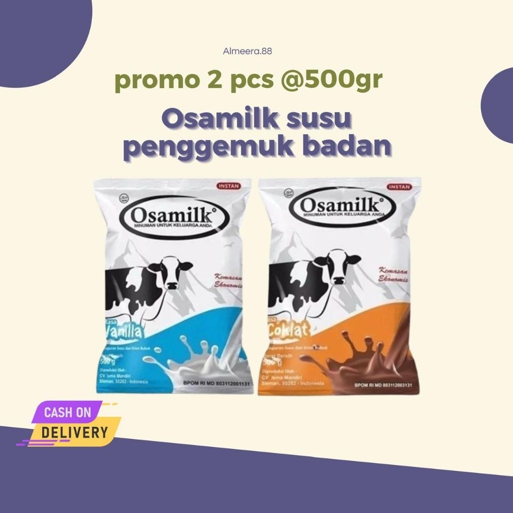 

( Lebih hemat ) - 2 pcs Osamilk @500gr susu penggemuk badan rasa coklat & vanila
