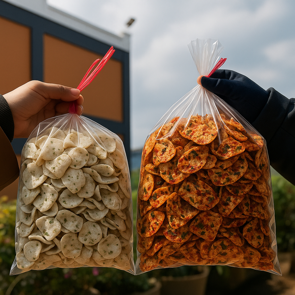 

Basreng koin daun jeruk premium keripik bakso goreng bulat pipih pedas dan asin asli bandung