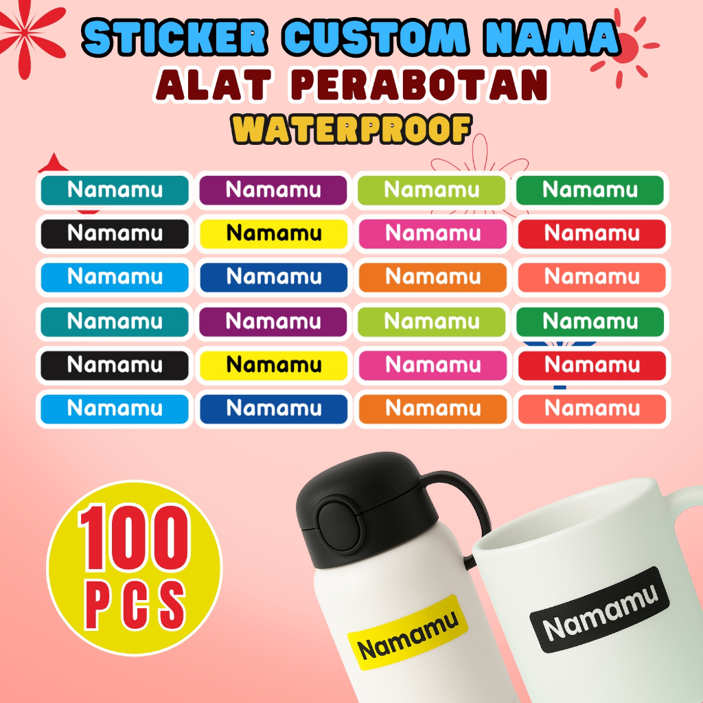 

100Pcs Sticker Custom Nama Piring Sendok Botol Barang Perabotan Stiker Ajaib Waterproof Timbul Label