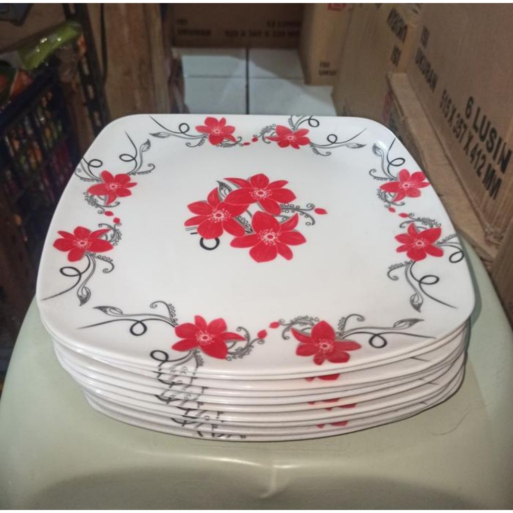Piring Segi melamin/ Piring Melamin segi motif bunga/ Piring makan kotak melamin motif bunga