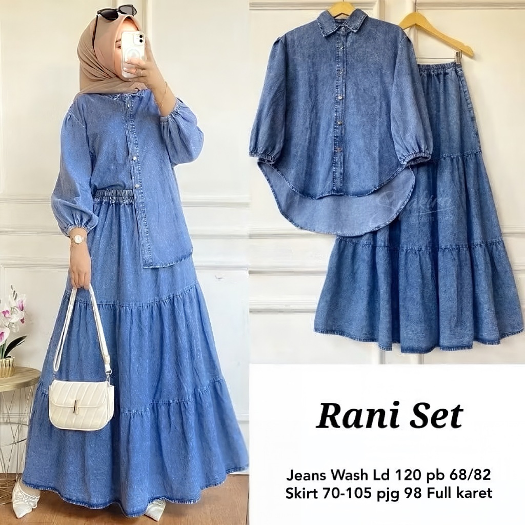 One Set Jeans Jumbo Rania Setelan Jeans Wash Premium/Baju Setelan Rok Jins Susun Wanita Jumbo Terbar