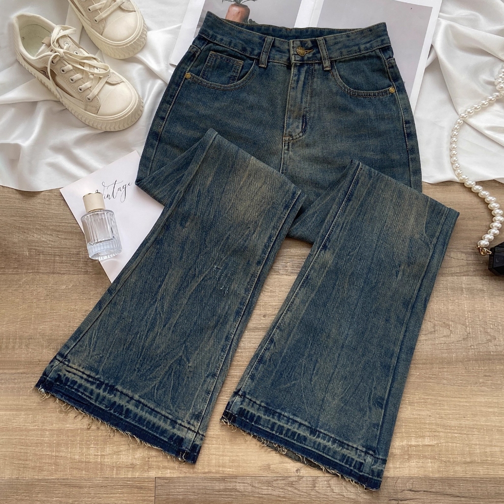 <elegan.girl> Jeans-Biru Retro Highwaist Kulot Celana Jeans Wanita Loose Kekinian Highawist Cutbray 