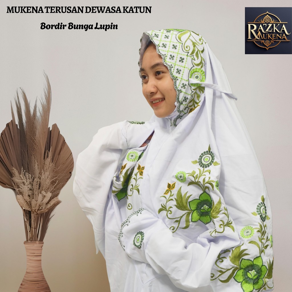Mukena Terusan Dewasa Bahan Katun Mikro Motif Bordir Bunga Lupin Indah
