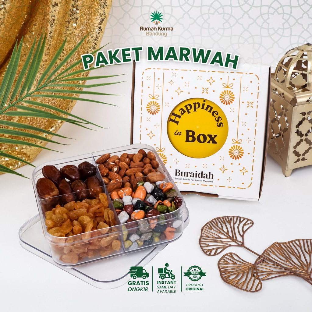 

Buraidah Paket Marwah Hampers Cemilan Oleh-Oleh Umroh Box 4 in Sekat Kacang Kurma Coklat Kerikil
