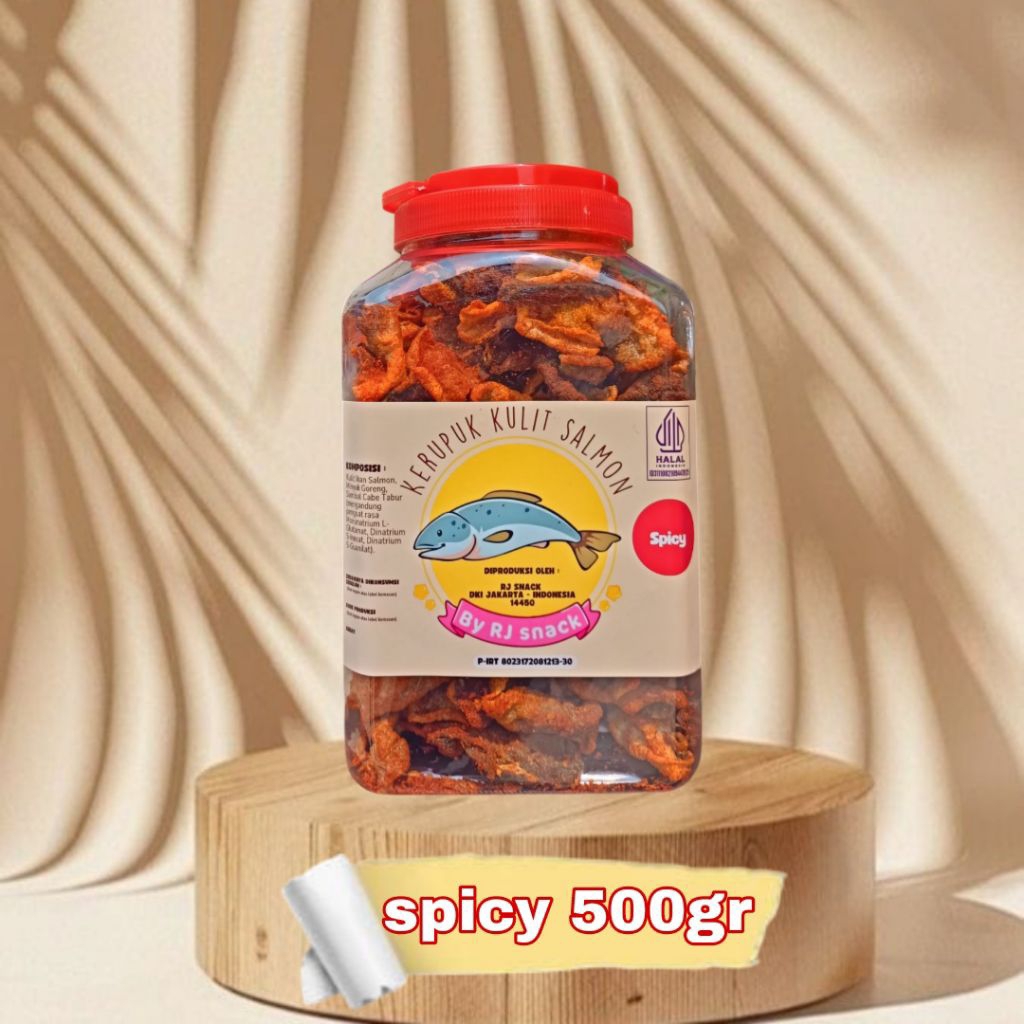 

Kerupuk Kulit Ikan Salmon Cemilan Crunchy Varian Rasa Spicy Kemasan Toples Double Jumbo