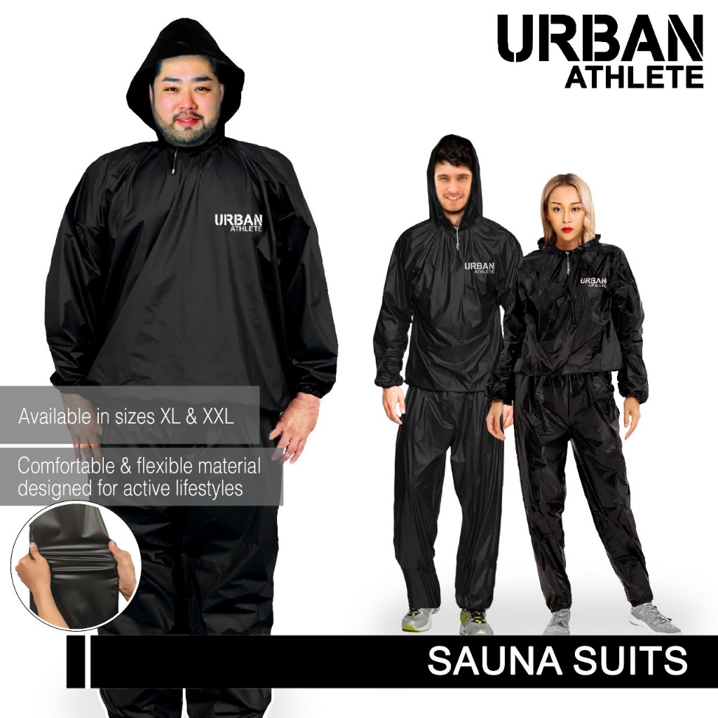 Sauna Suit Running Jalan Urban Athlete Baju Olah Raga Lari Sauna Suit Jogging Jaket Celana Setelan Elastis Premium Hybrid PVC Tebal Kuat Nyaman Lentur Karet Tangan Pinggang Treadmill Indoor Outdoor Unisex Pria Wanita Hoodie Keluar Keringat