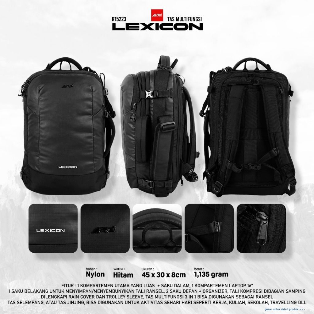 Tas Ransel Multifungsi Pria LEXICON BLK AREI OUTDOORGEAR - BACKPACK REI LEXICON BLK - TAS RANSEL LAP
