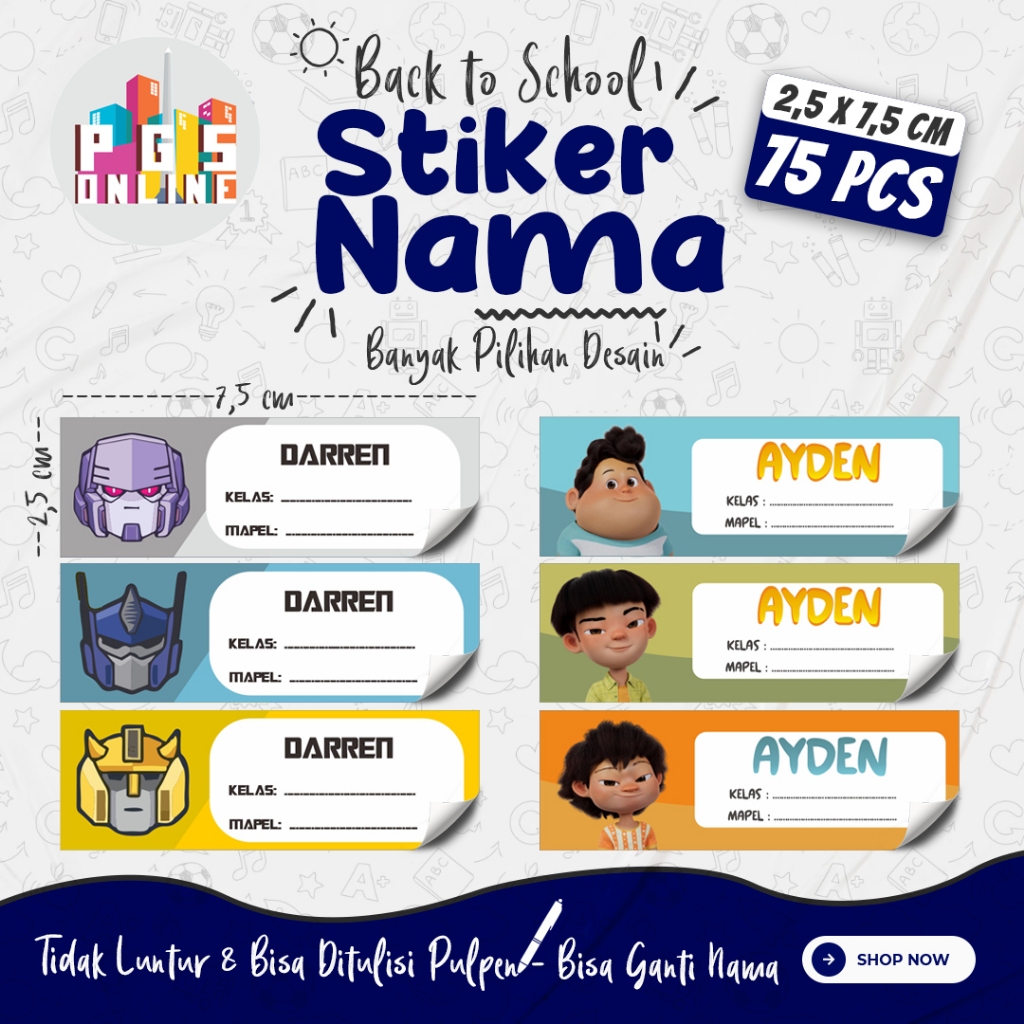 

[75 PCS] 03A - STICKER NAMA BISA DITULISI PULPEN ukuran 2,5x7,5 cm / Stiker Buku Anak Mata Pelajaran Sekolah TK SD SMP / Note Book / Buku Paket / Buku Tulis