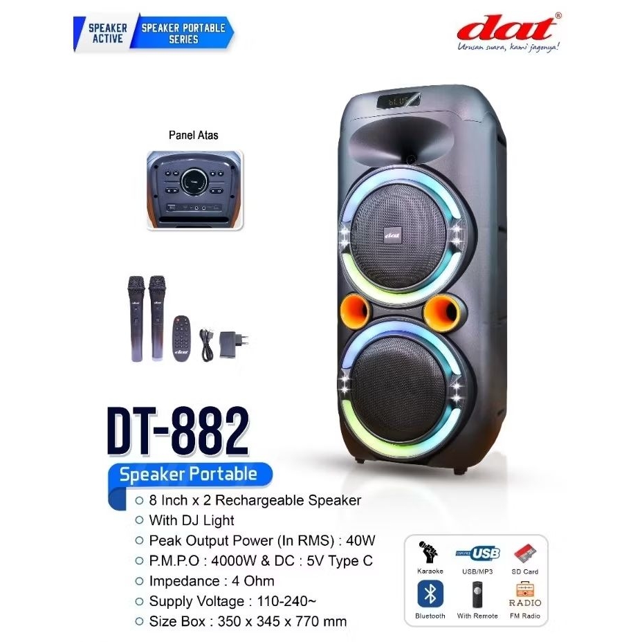SPEAKER ACTIVE PORTABLE DAT DT 882 DT882 SPIKER AKTIF 8 INCH IN " 8IN X 2 RECHARGEABLE BISA DICHARGE