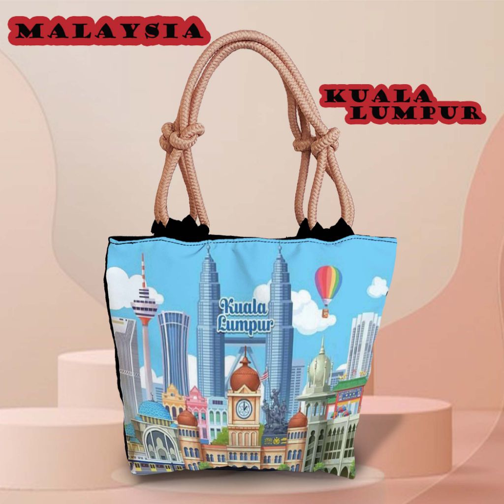(Souvenir) Totebag printing/totebag tali sumbu kepang/tas motif Malaysia,Kuala lumpur/oleh-oleh Mala