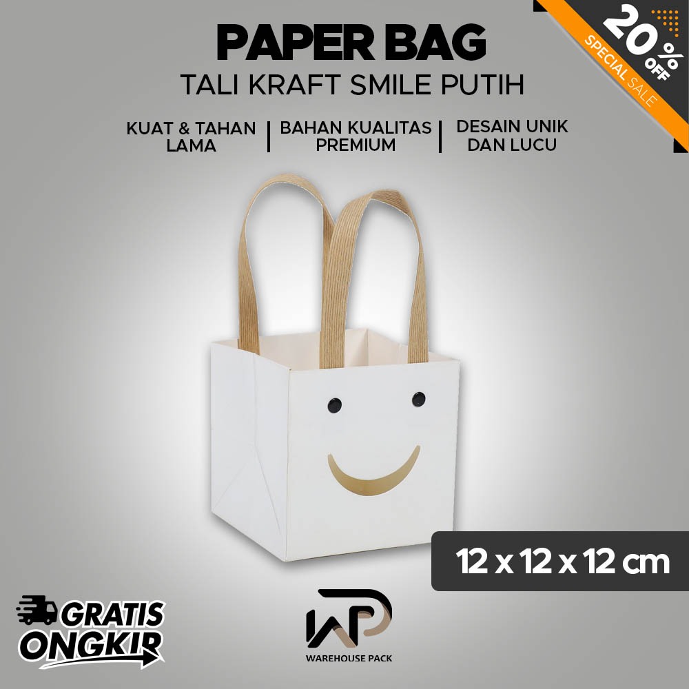 

Paper Bag Kraft Smile Putih | Tas Kertas Model Smile | Paper Bag Kado | Paper Bag Kado Aesthetic | Paper Bag Bentuk Smile Tali Kraft | Tas Kantong Kado Ulang Tahun | Goodiebag Smile | Tas Hampers | Tas Souvenir Model Smiley | Tas Bingkisan