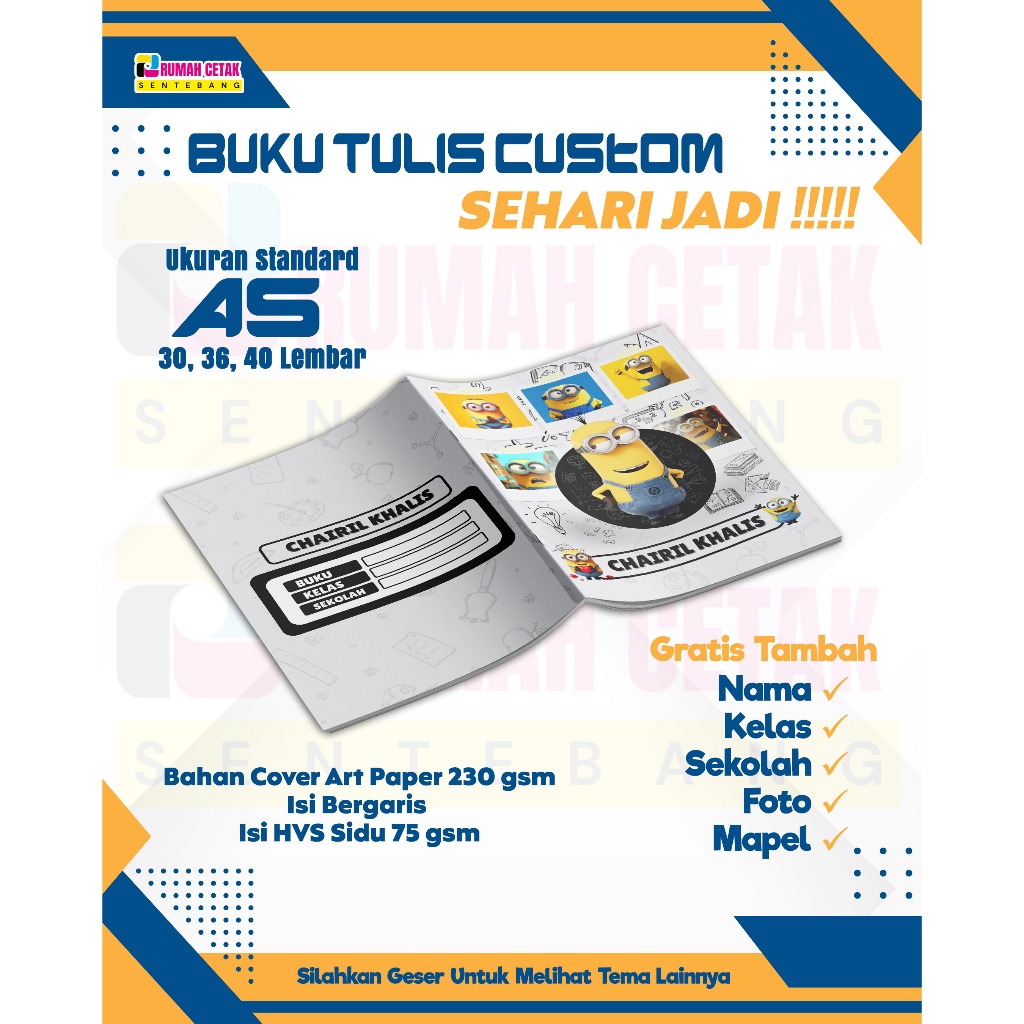 

Buku Tulis Custom Nama/Buku Sekolah/Buku Tulis/Buku Tulis isi 30, 36, dan 40 Lembar Kode B