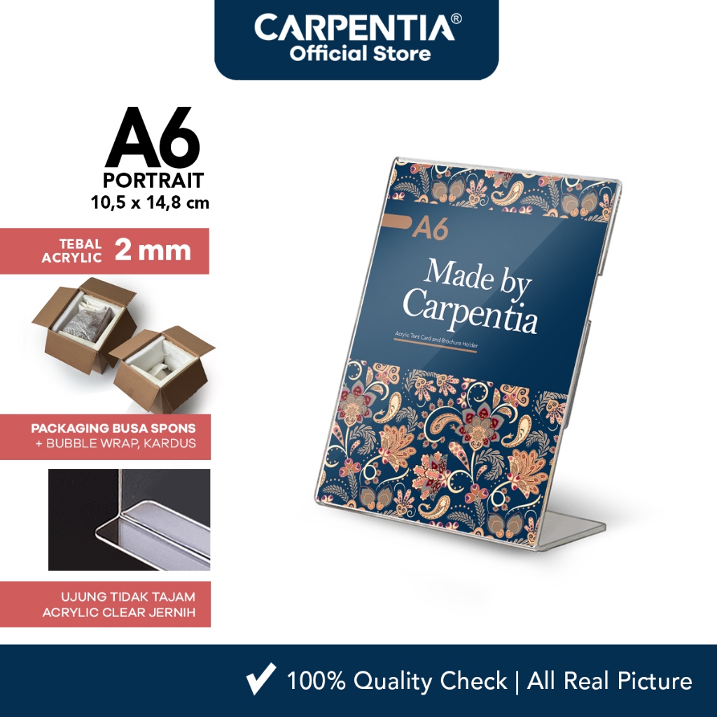 

Carpentia | Acrylic Standing Tipe L - A6 Vertikal Portrait 10,5x14,8 cm - [Akrilik Display Brosur]